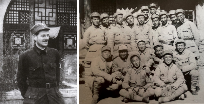 Left: Richard Frey poses for a photo in front of a cave dwelling in Yan’an, Shaanxi province; Right: Frey (far back, left) with his comrades at the Jin-Cha-Ji Health School. Courtesy of the Shanghai Jewish Refugees Museum
