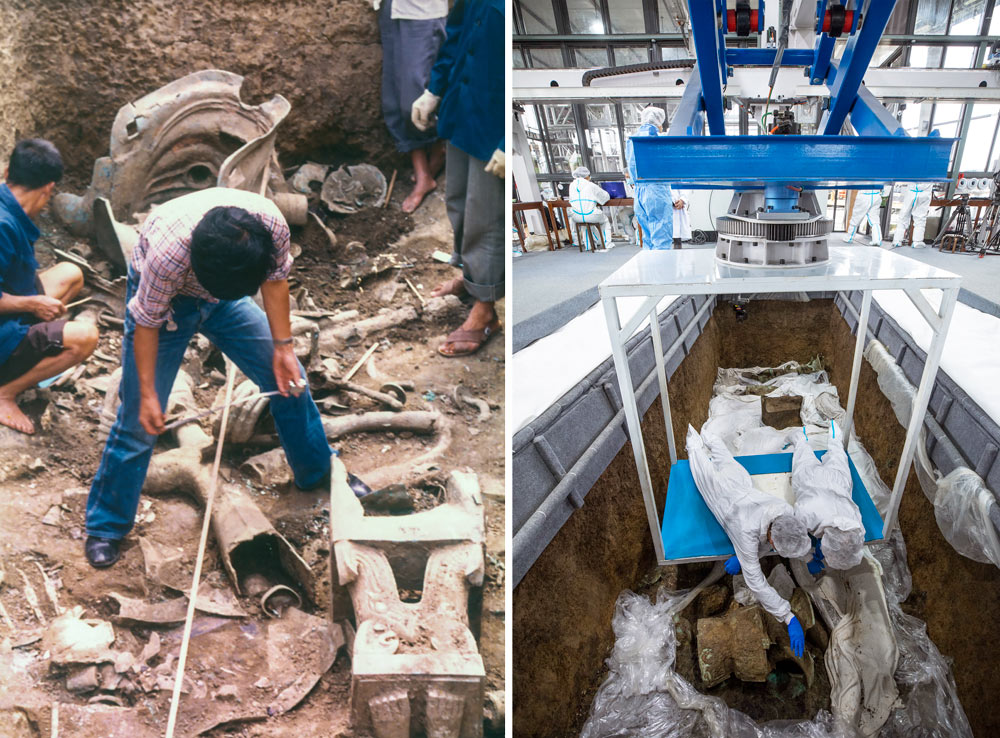 Left: Researchers use traditional tools to excavate Pits 1 and 2 at Sanxingdui, Sichuan province, 1986. Courtesy of archaeologist Chen De’an, via Xinhua; Right: Researchers excavate Pit 3 while suspended on a board above the soil, March 19, 2021.