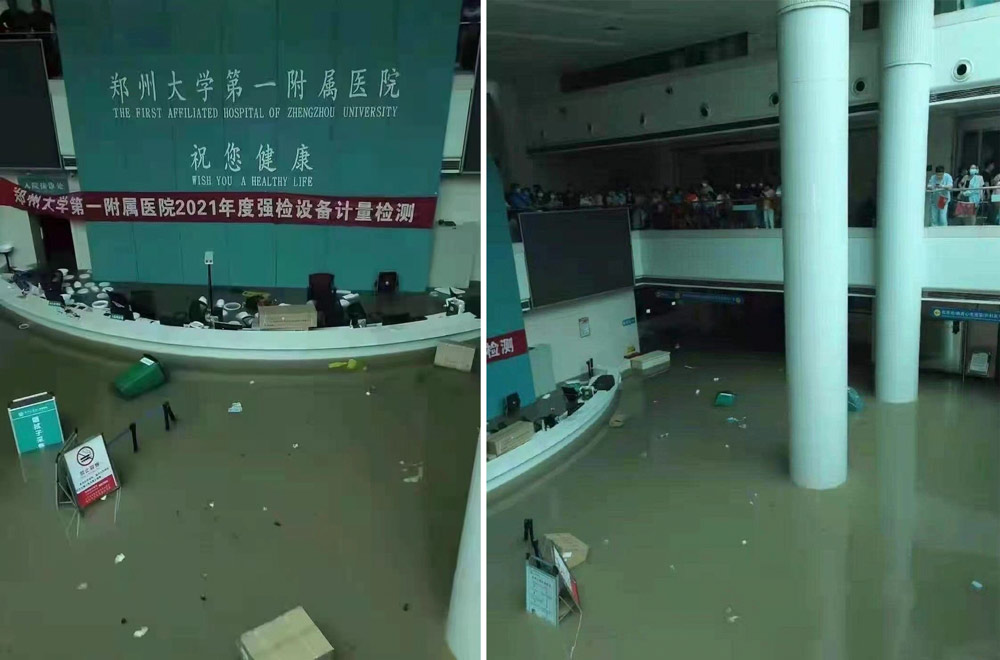 A view of the flooded First Affiliated Hospital of Zhengzhou University, Henan province, June 20, 2021. From @时代周报 on Weibo