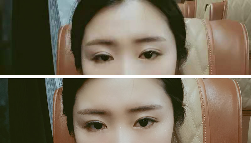 Selfies of Ma Jing, which show her asymmetrical eyes. Her left eyelid droops further than her right when she’s not raising her eyebrows. Courtesy of Ma Jing