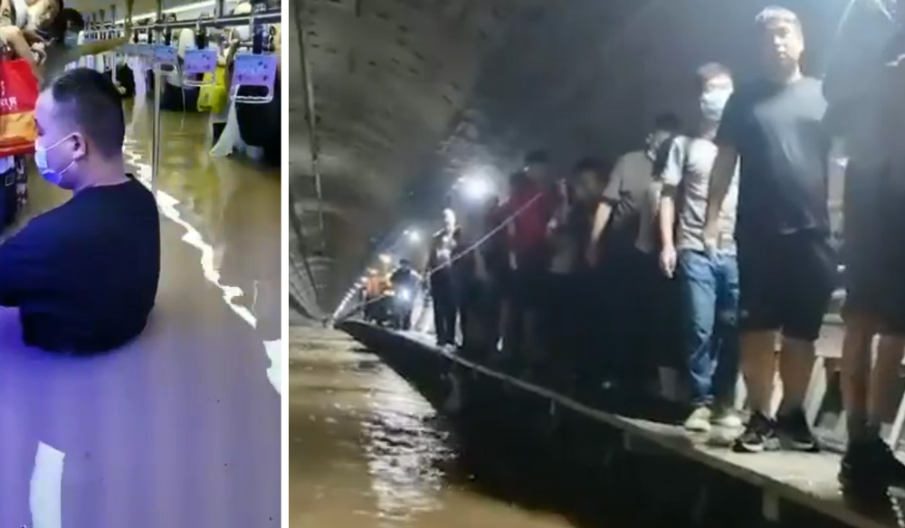 Left: Commuters trapped in Line 5 of Zhengzhou; Right: Passengers walk in the underground tunnel, July 2021. From The Paper