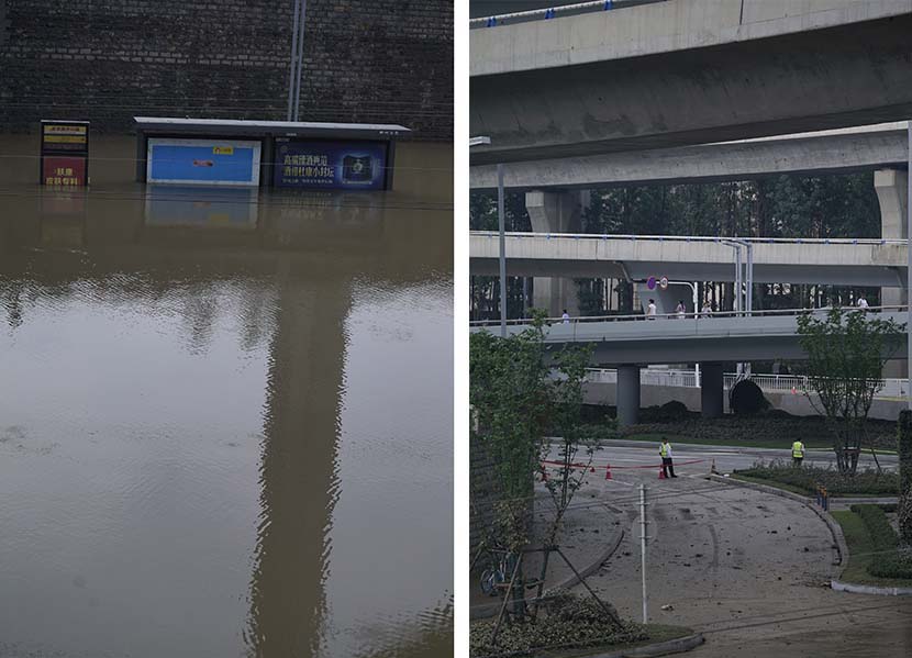 Left: A bus stop on Shakou Road remains waterlogged from the rain; right: Floodwater has receded from the surface of the ground at some areas near Jingguang North Road Tunnel in Zhengzhou, Henan province, July 22, 2021. Wu Huiyuan/Sixth Tone