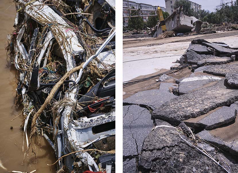 Left: A damaged car; right: A damaged road in Mihe Town, July 24, 2021. Wu Huiyuan/Sixth Tone