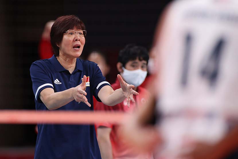 Lang Ping of Team China reacts against Team United States during the Women's Preliminary - Pool B volleyball on day four of the Tokyo 2020 Olympic Games at Ariake Arena in Tokyo, Japan,  July 27, 2021. Toru Hanai/Getty Images/People Visual