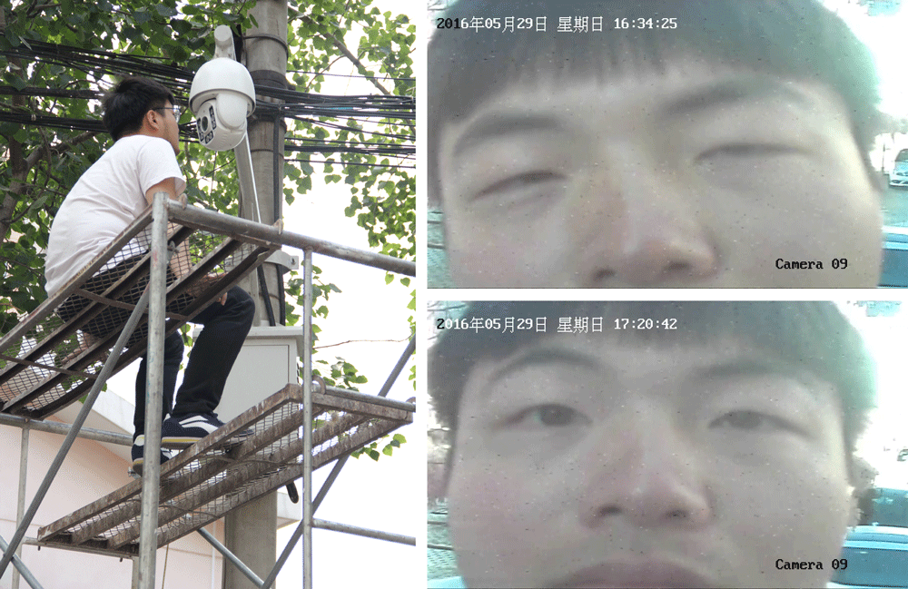 Left: Ge Yulu sits on top of a scaffold next to a camera; Right: Stills from the camera footage shot in Beijing, May 2016. Courtesy of Ge Yulu
