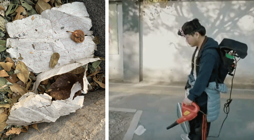 Left: The love letter to Ziwei. Courtesy of Ge Yulu; Right: Ge Yulu blows the letter toward Ziwei’s home, in Beijing, 2019. From @腾讯新闻人间指北on Tencent Video