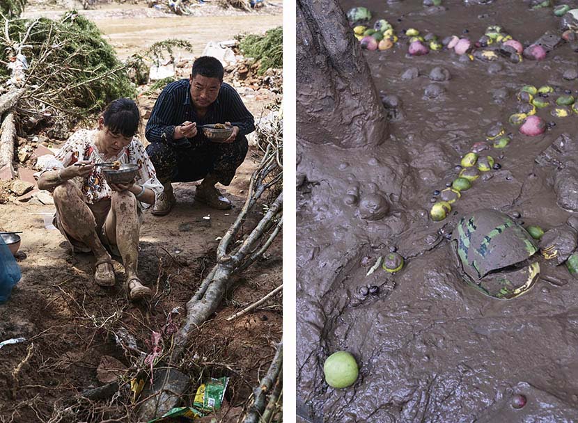 Left: A woman and a man eat lunch in Mihe Town, Henan province, July 24, 2021;right: Fruits are buried in the mud in front of a fruit store after record rainfall in Mihe Town, Henan province, July 23, 2021. Wu Huiyuan/Sixth Tone