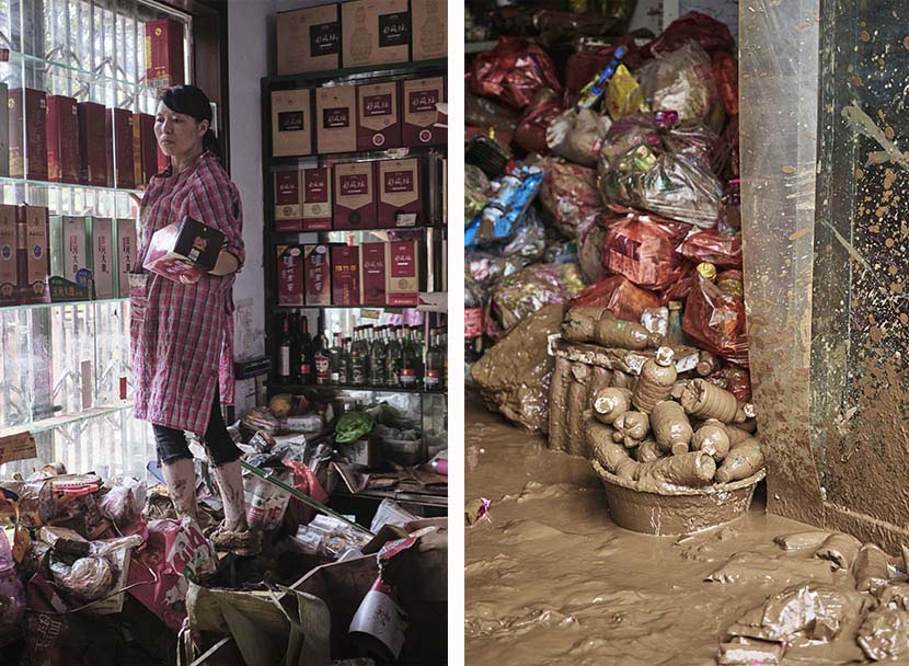 Left: A woman moves bottles of baijiu to a safer place at a grocery store; right: The corner of a flooded grocery store in Mihe Town, Henan province, July 23, 2021. Wu Huiyuan/Sixth Tone