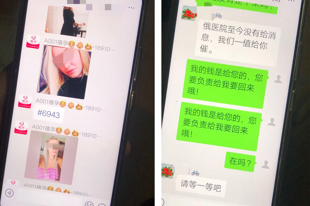Screenshots of conversations between Song Mingli and surrogacy agencies. Courtesy of Liang Ting