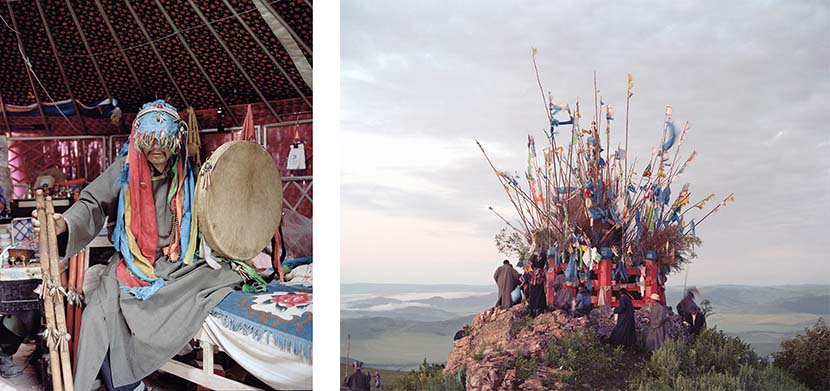 Left: A shaman in the Chenbarhu Banner Grassland in Hulun Buir, Inner Mongolia Autonomous Region, 2011; right: Mongolian shamanic stone cairn, 2011. Courtesy of Li Wei
