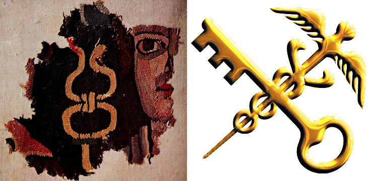 Left: Details of Hermes and the caduceus as depicted on the Loulan tapestry, 3rd century AD. Wikimedia Commons; Right: The logo of China’s General Administration of Customs. From the website of the General Administration of Customs