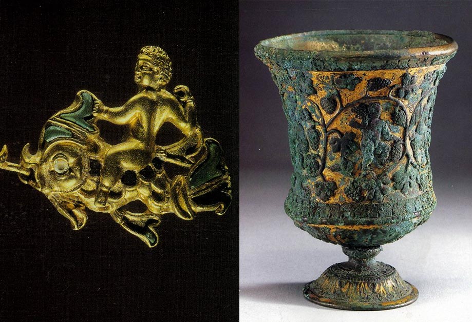Left: A gold ornament uncovered at the Tillya Tepe site shows Eros riding a dolphin; Right: A gilt-bronze stem cup decorated with figures and a grapevine discovered in Datong and dating to the Northern Wei dynasty (385-484 AD). Courtesy of the author