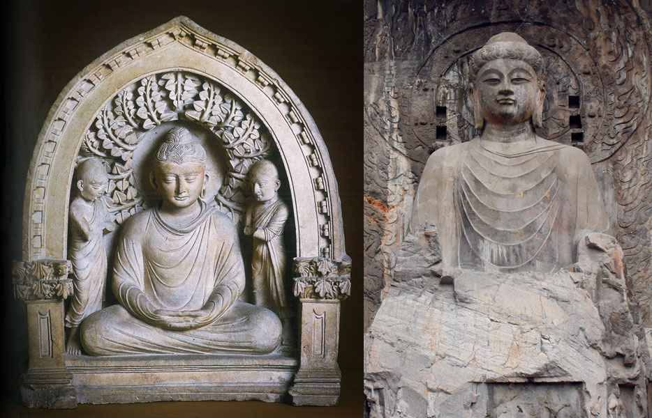 Left: Fayaz Tepe Buddha with Monks, 2nd century AD. From the State Museum of History of Uzbekistan; Right: A statue at Longmen grottoes in Luoyang, Henan province, 2019. People Visual
