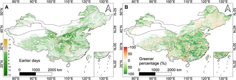 Spatial distribution of earlier and greener spring in 2020 across China. From the journal Science Advances