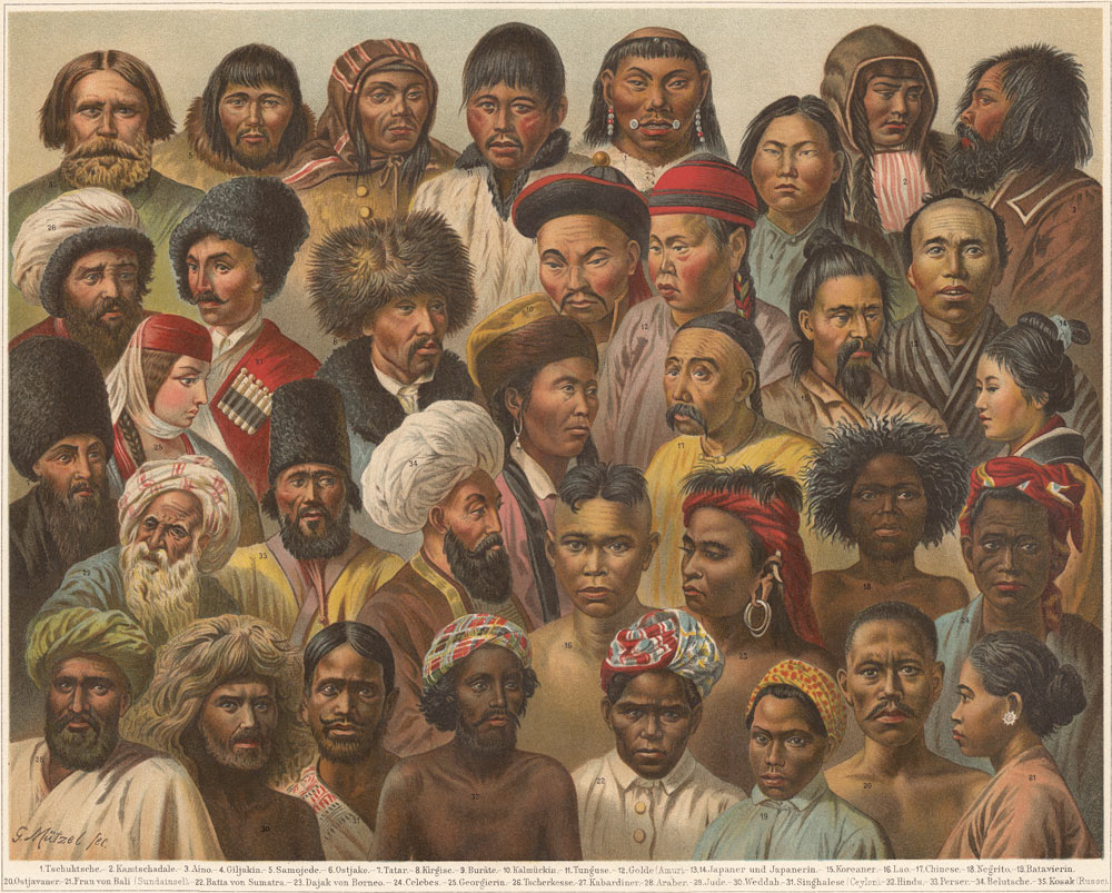 An illustration purporting to show different Asian races, from the “Meyers Konversations-Lexikon,” 5th edition, by Bibliographisches Institut – Leipzig, 1895-1897. People Visual