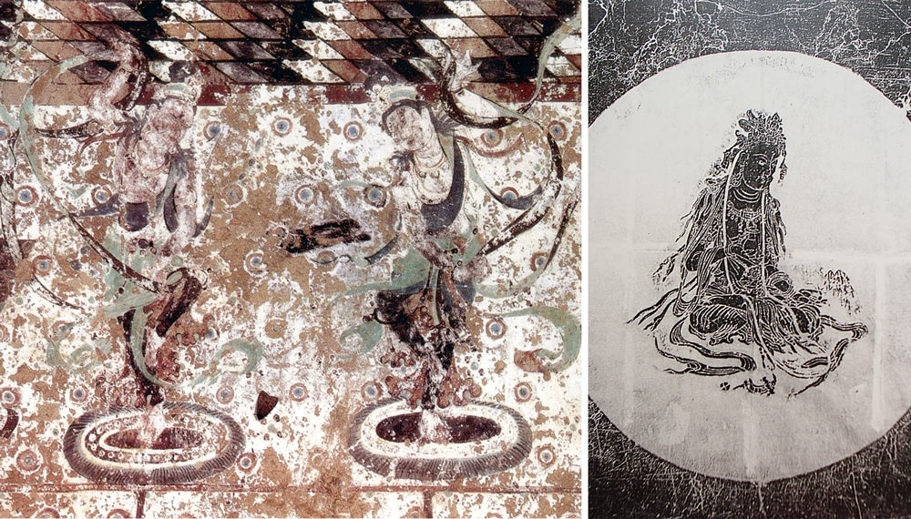 Left: A mural from Cave 220 of the Dunhuang grottoes. Dunhuang Academy China; Right: A rubbing of a Wu Daozi painting. Courtesy of Mao Ming