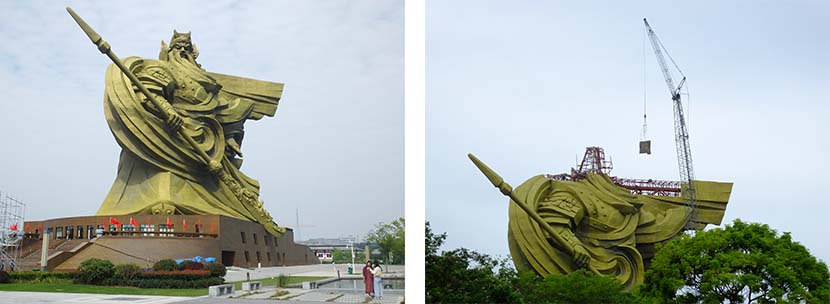 Right: The full-length statue of Chinese warrior-god Guan Yu in Jingzhou, Hubei province, Oct. 9, 2020; left: The head from the statue of Guan Yu is removed in Jingzhou, Hubei province, Sept. 5, 2021. People Visual