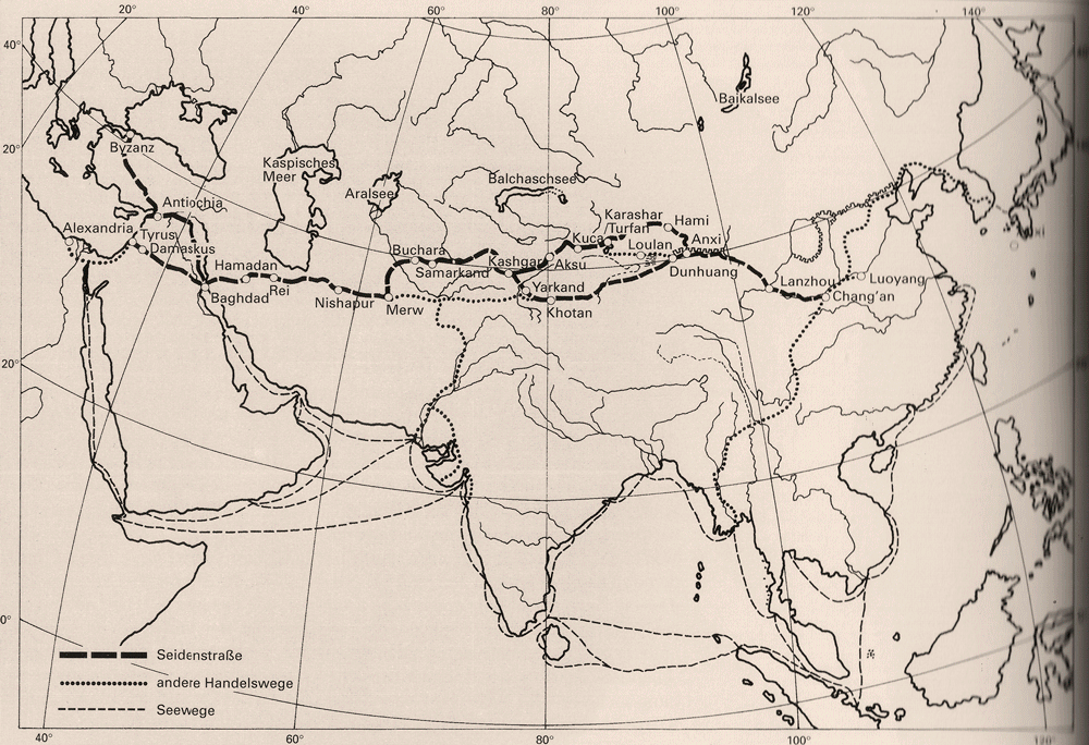 A 2002 map of Silk Road trade routes at the peak of the Tang Dynasty, from the exhibition catalogue of the Museum of Asian Art (Berlin). Courtesy of Mao Ming, edited by Sixth Tone