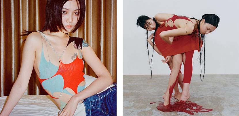 Two photos of models dressing on Zhou Rui’s works. From @ruiofficial.me on Instagram