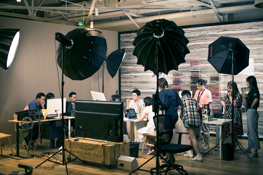 Li Jiaqi’s production staff assist Li during a livestream in Shanghai, June 17, 2020. Courtesy of Li Jiaqi’s team