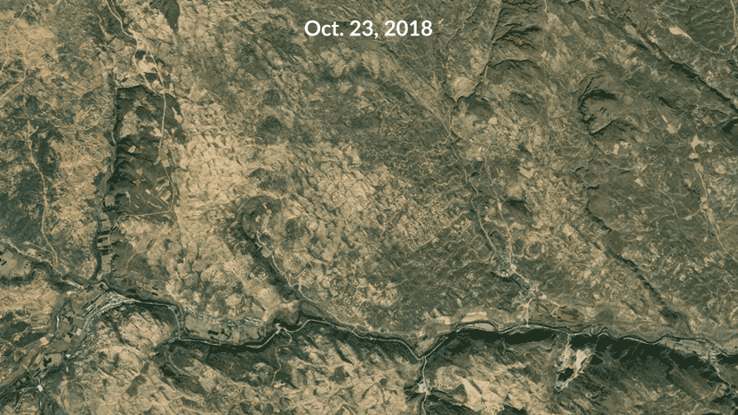 A GIF shows the Maxar (WV03) images captured in 2018 and 2020. From World Wayback Imagery, reedited by Sixth Tone
