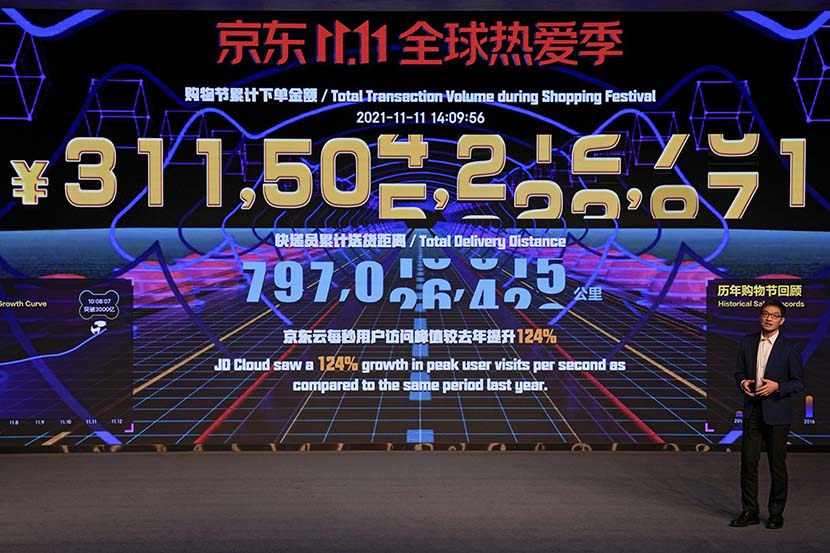 Liu Hui, chief data officer of the JD Big Data Research Institute, speaks in front of a display showing live sales figures for China’s “Double Eleven” shopping festival at the headquarters of online retailer JD.com in Beijing, Nov. 11, 2021. People Visual