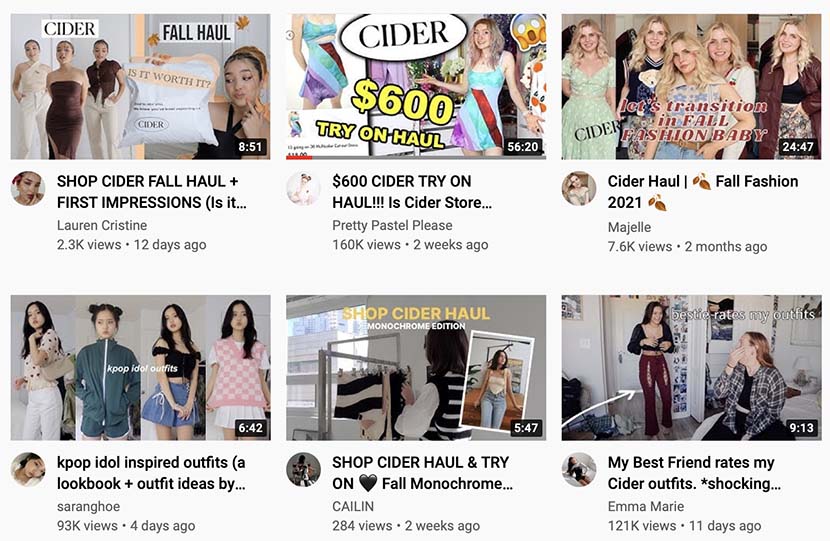 Dozens of influencers post about their shopping hauls for Cider, a Shein-like fast-fashion brand. From YouTube