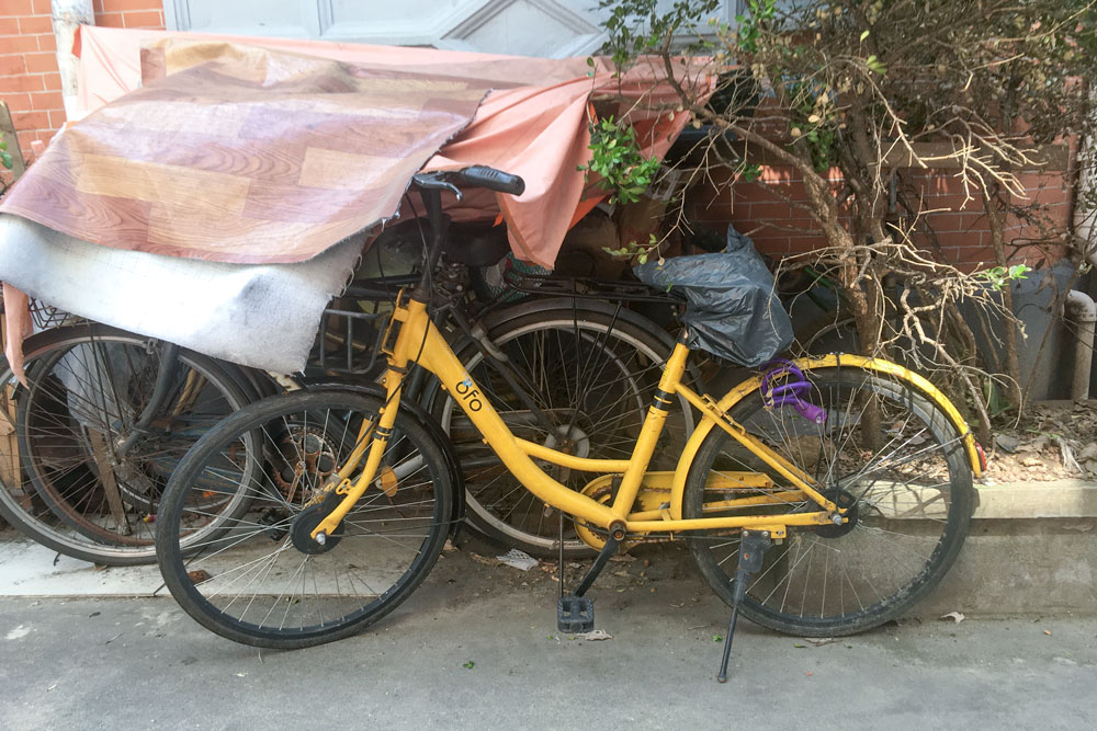 A former Ofo rental bicycle repurposed as private transport in Shanghai, April 2020. David Cohen/Sixth Tone