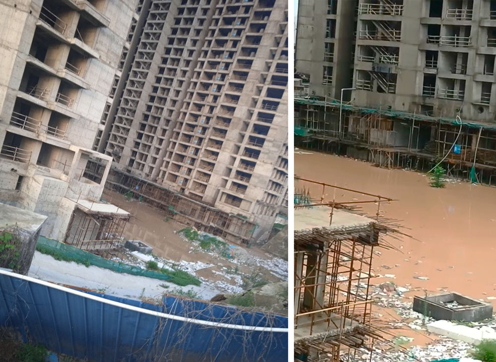 A collage shows the unfinished Qifucheng buildings’ basements flooded with polluted water, in Zhengzhou, Henan province, July 2021. Courtesy of interviewees