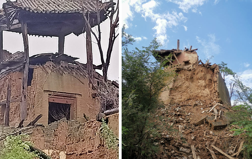 Left: A view of the Kuixing Tower before its collapse, Sept. 23, 2021. Courtesy of the interviewees; Right: The external wall of Kuixing Tower, in Yanjiazhuang Village, Shanxi province, Oct. 14, 2021. Zhu Ying/The Paper