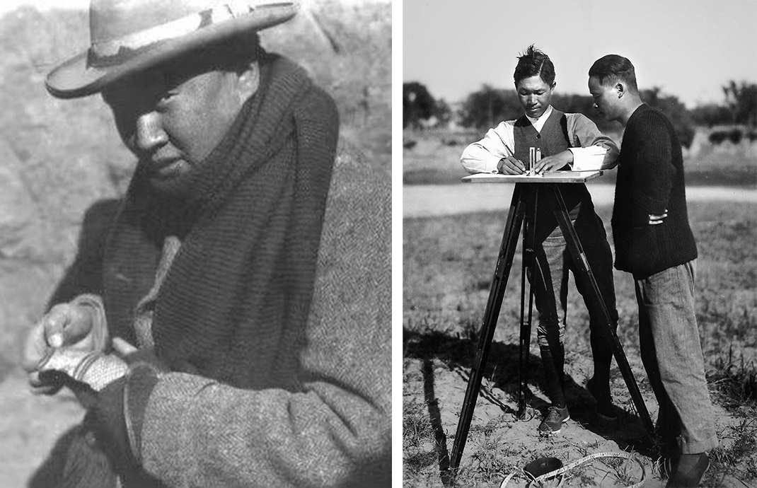 Left: A photo of Li Ji. Courtesy of Chen Hongbo; right: Dong Zuobin (right) during the first excavations at the Yin Ruins, in Anyang, Henan province,1928. Xinhua