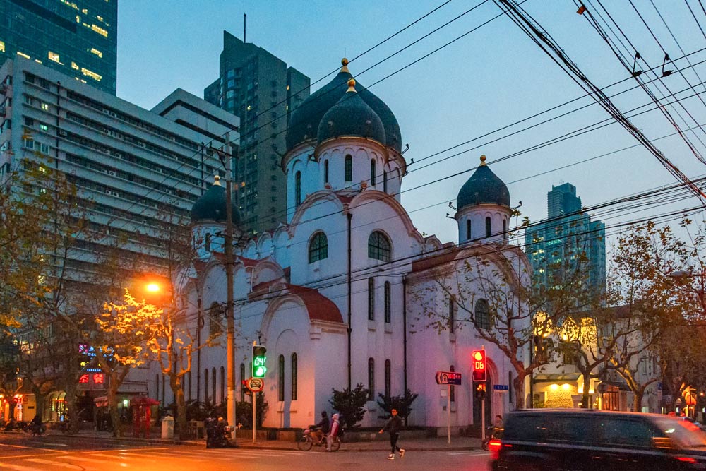 A night view of an Orthodox Church on Xinle road, Shanghai, 2013. IC