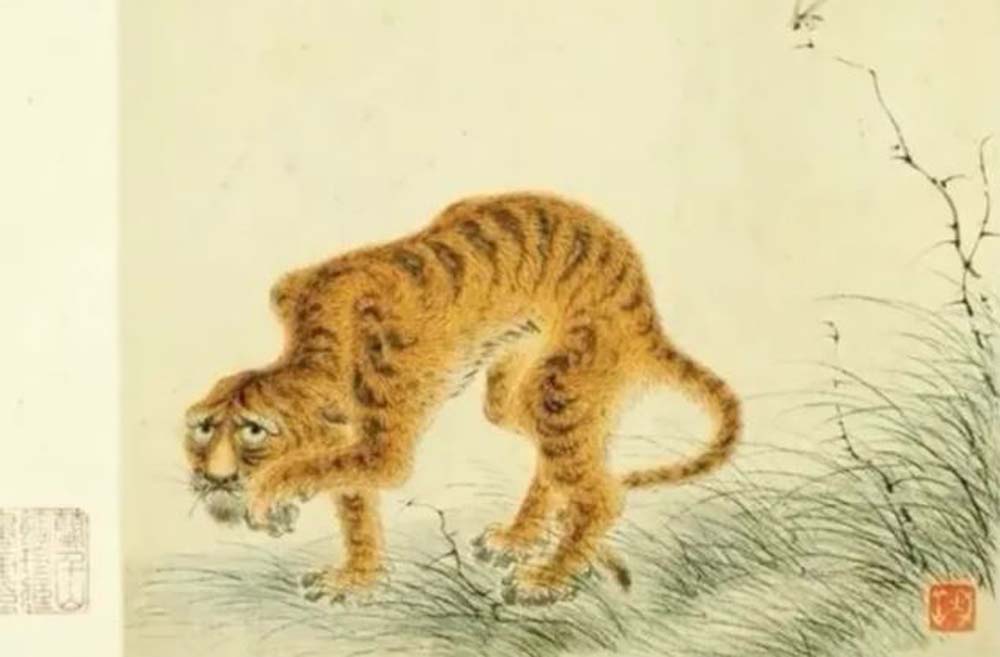 A screenshot shows “Wasp and Tiger (《蜂虎图》)” by Qing dynasty (1616 – 1911) painter Hua Yan (华喦). From Haokan Video
