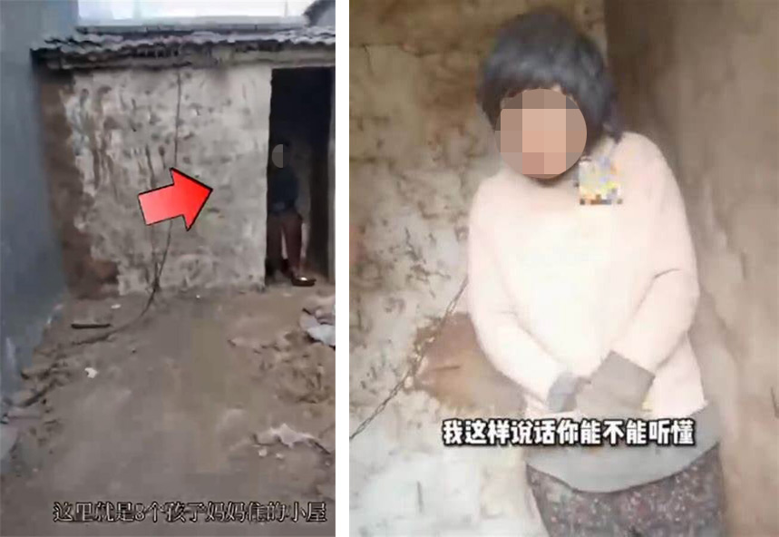 Left: The room where Yang lives; Right: Yang was found chained to the wall by her husband. From Weibo
