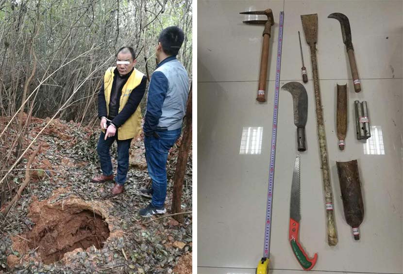 Left: A suspect identifies the tomb that he and his accomplices raided in You County, Hunan province, 2017; right: Tools captured by police that were used to dig out graves, 2017. Courtesy of Zhuzhou Police