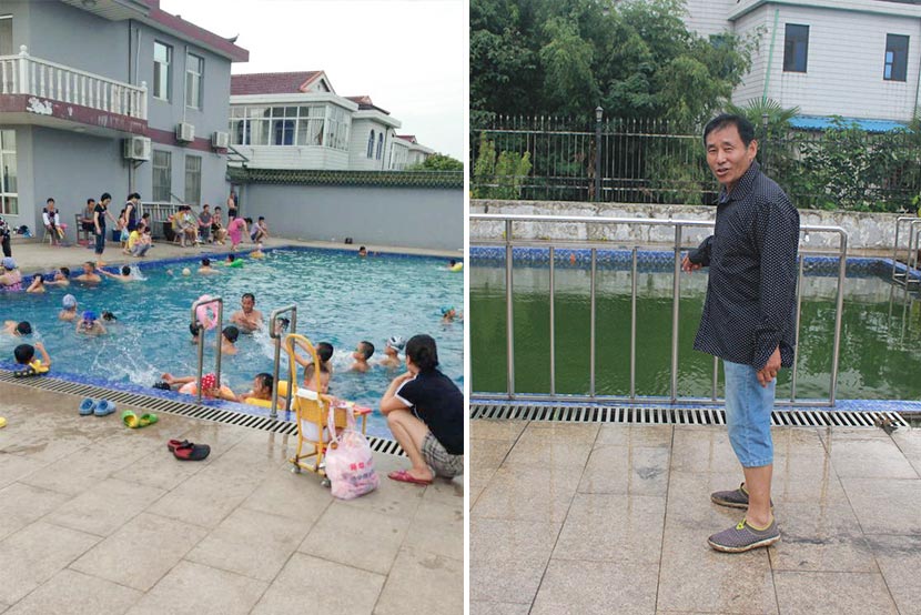Left: Shen Jianliang’s swimming pool is crowded with children in the summer of 2012. Courtesy of Shen Xiaoxia; right: Shen Jianliang stands beside the swimming pool in his yard in Hongdou Village, Jiangyin, Jiangsu province, Aug. 29, 2017. Wang Yiwei/Sixth Tone