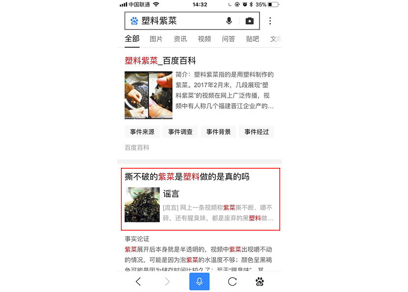 A screenshot from Baidu shows how the search term ‘plastic seaweed’ returns a message saying that a related story is a rumor (in red box).