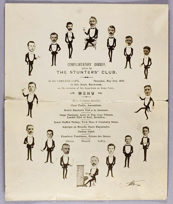 A menu for dinner at the Stunters’ Club, also known as the Carlton Café, Shanghai, May 21, 1910. Courtesy of John Sullivan via the University of Bristol