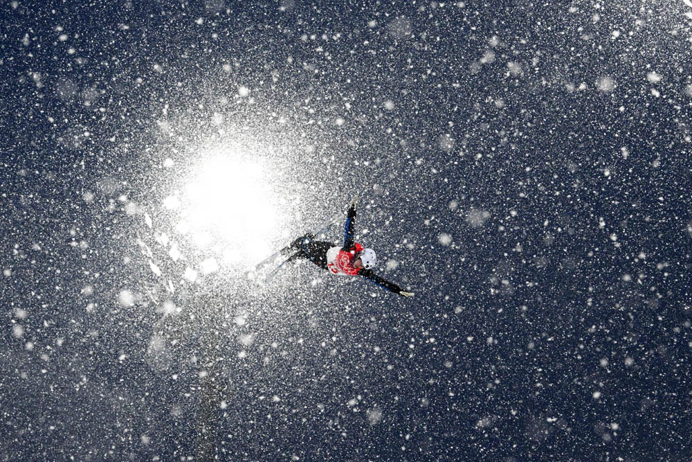 Belarus’ Anna Derugo takes part in a practice session ahead of the freestyle skiing women’s aerials qualification in Zhangjiakou, Feb. 13, 2022. Marco Bertorello/AFP via VCG