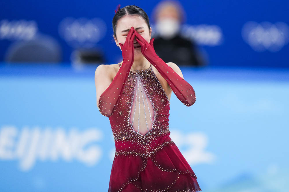 Zhu Yi of Team China cries after falling several times during single skating in Beijing, Feb. 7, 2022. Ni Minzhe/Sportsphoto via VCG