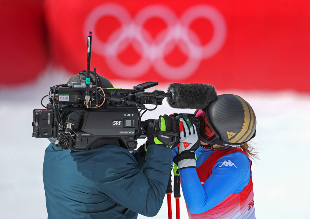 Sofia Goggia of Team Italy kisses a TV camera following her run in the women’s downhill in Yanqing, Feb. 15, 2022. Alex Pantling/Getty Images via VCG