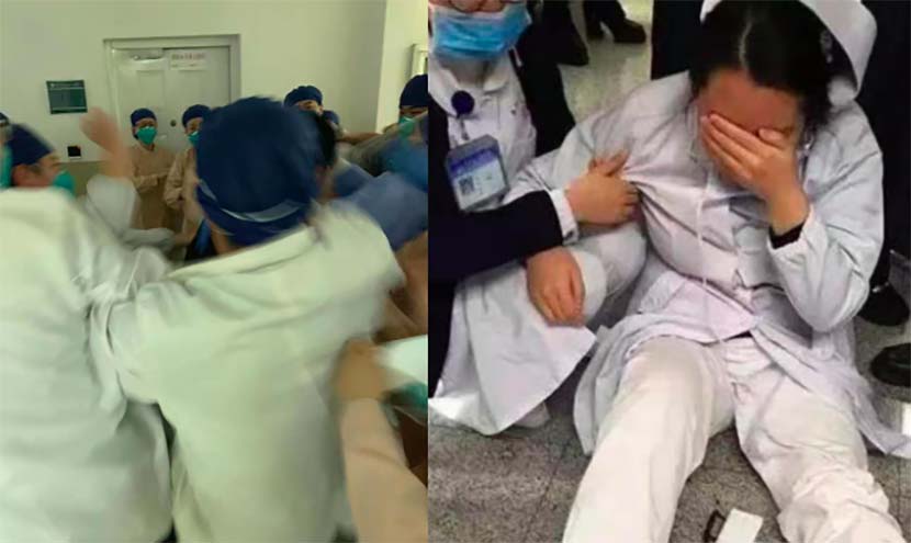 Left: A screenshot shows a scuffle between medical workers at Shanghai Sixth People’s Hospital; right: A nurse sits on the floor after the chaos at Shanghai Sixth People’s Hospital. From Weibo