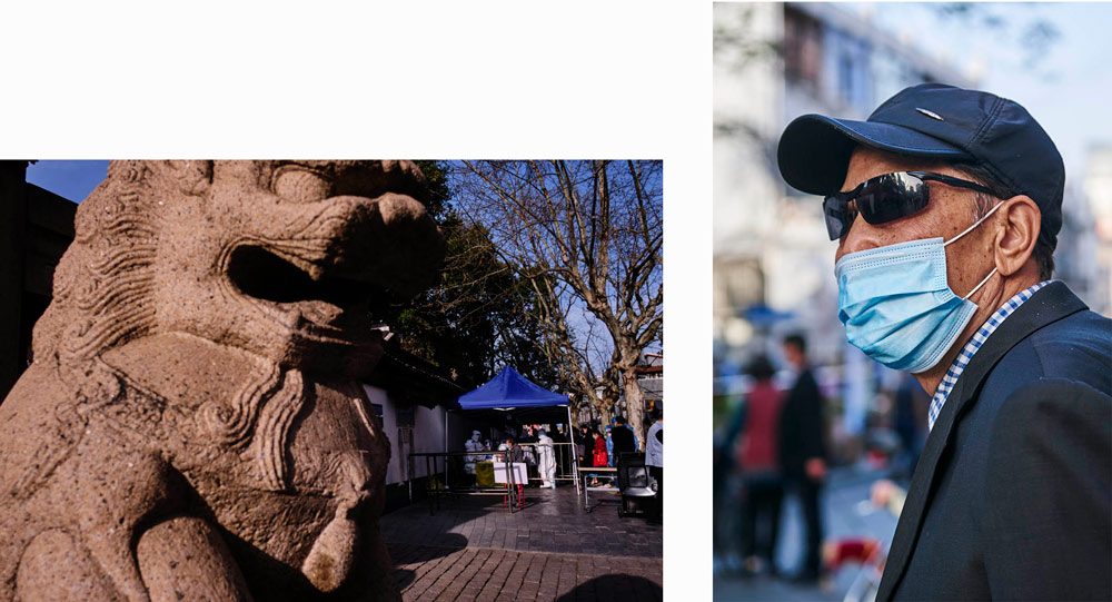 A temporary COVID-19 testing site near the Confucius Temple in Shanghai (left); a man waits to get tested (right),  March 15, 2022. Wu Huiyuan/Sixth Tone