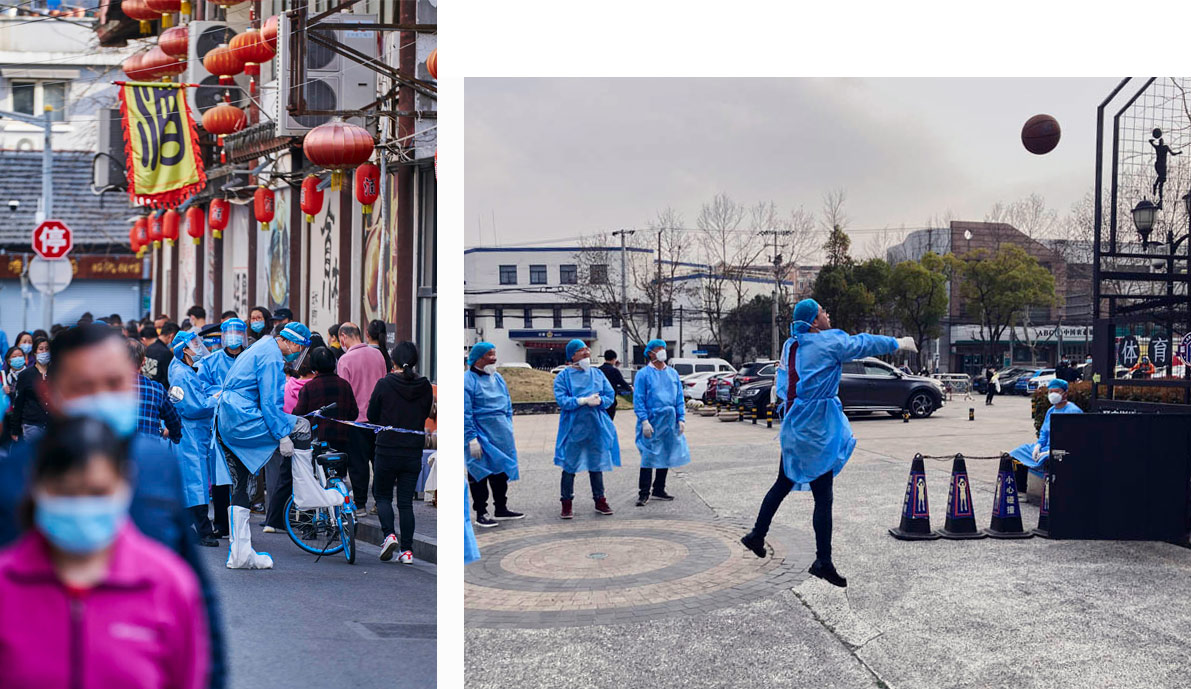 Left: A volunteer adjusts his protective clothing in Laoximen Subdistrict, Shanghai, March 15, 2022; Right: Volunteers play basketball after a long shift, March 13, 2022. Wu Huiyuan/Sixth Tone