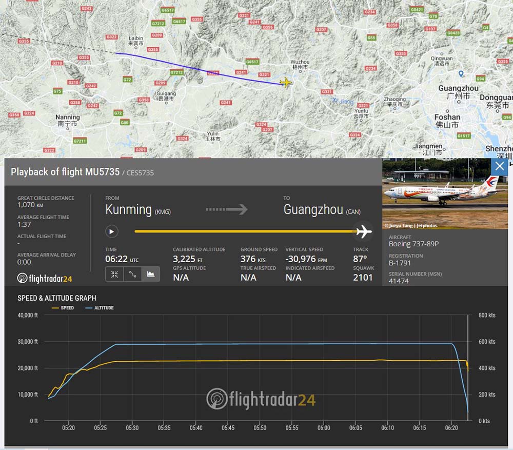 A screenshot from Flightradar24 shows the route of MU5735. From Weibo
