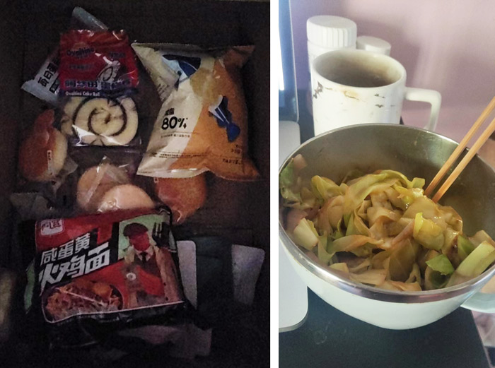 Wang Nan fries cabbage and onion using the only ingredients left on Monday (left) and his instant noodles and some snacks left in stock, 2022. Courtesy of Wang