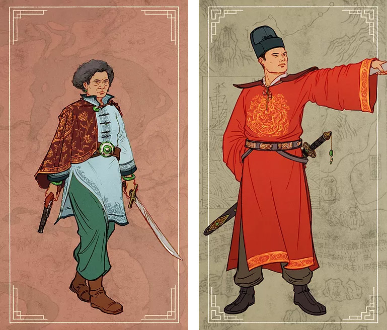 The character designs of  “Shih Yang” (Sek Yeung, left) and Zheng He. From the  “Asian Pirate Musical” website