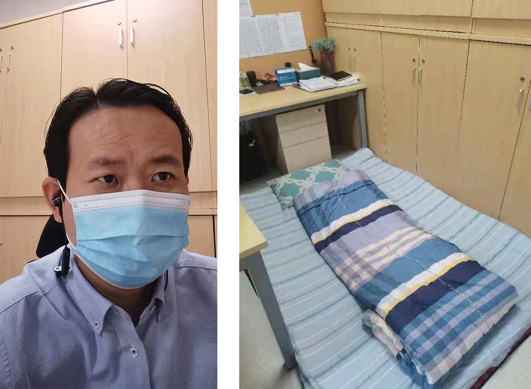 Left: Wang Zhongkui talks to co-workers via video chat; Right: The bed on the floor in his office where Wang sleeps, Shanghai, April 13, 2022. Courtesy of Wang Zhongkui