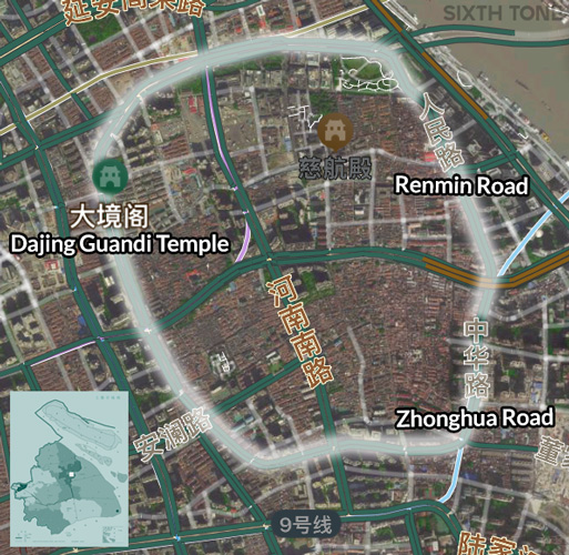 The borders of Shanghai's "old town" overlaid on a modern map of the city.