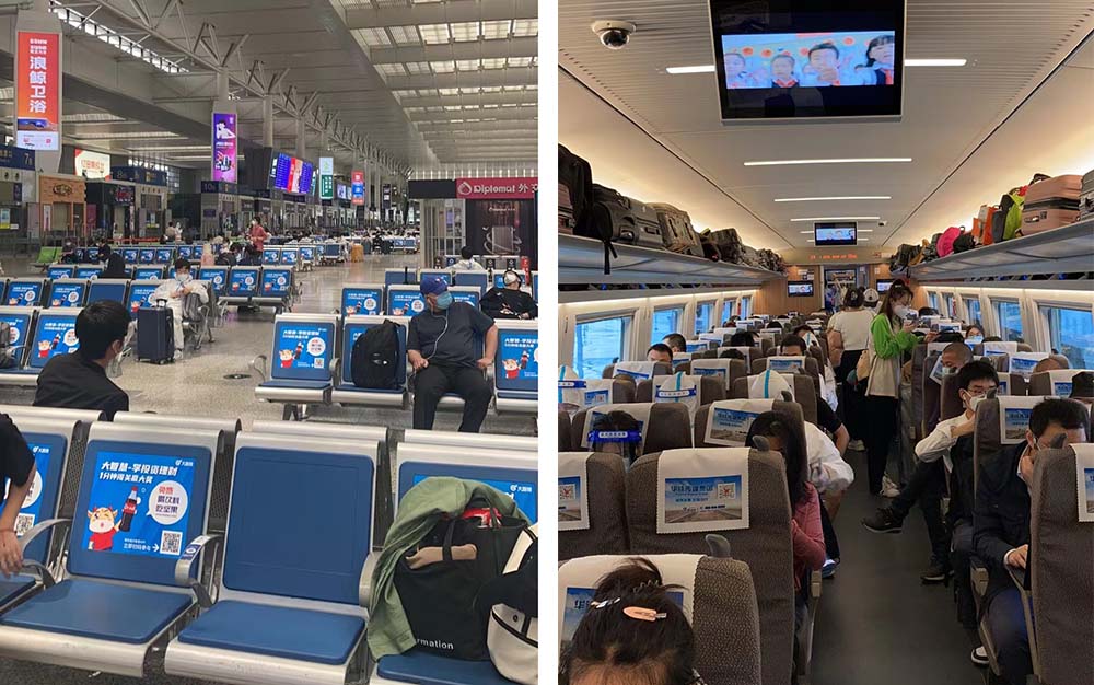 Left: Passengers wait for their train at Hongqiao Railway Station; right: A high-speed train carriage filled with passengers traveling from Shanghai to Wenzhou, May 6, 2022. Courtesy of Paloma Fu